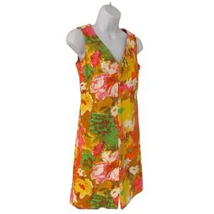 Talbots Colorful Mustard Pink Orange Floral Shift Dress Size 2P Coastal Mod V